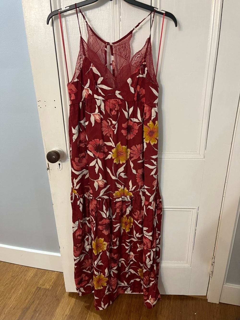lovestitch Burgundy Floral Lace-Trim Maxi Dress